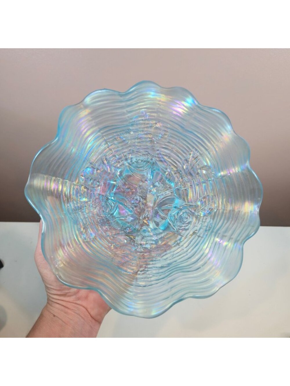 Antique Northwood Rose Show Bowl ice Blue Opalescent Glass ruffled Iridescent